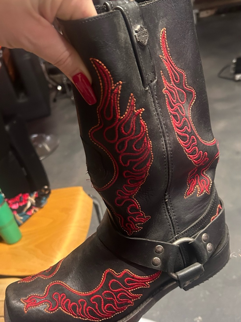 Harley-Davidson Black Leather Cowboy Boots with Red Flame Stitching